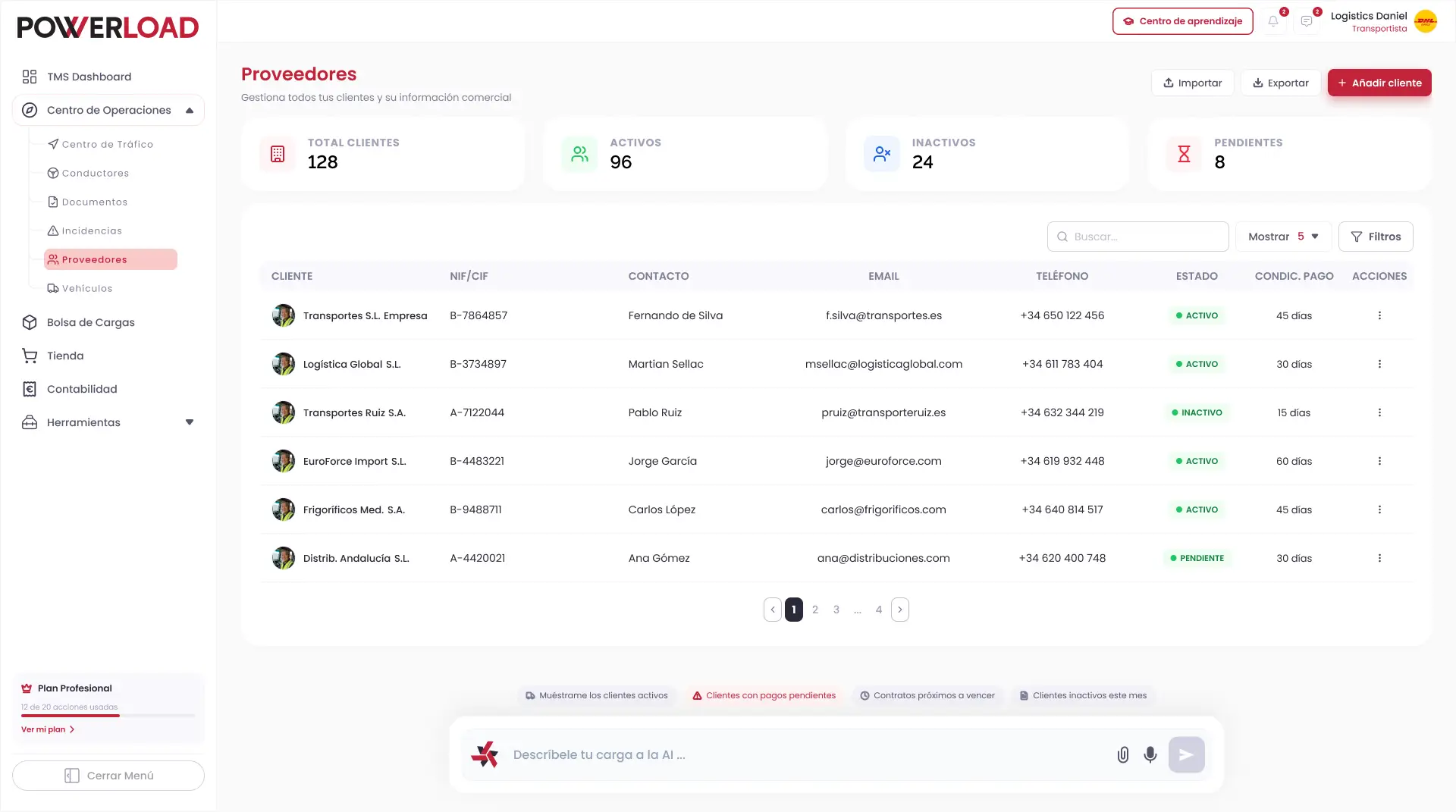 Actual Powerload supplier management screen